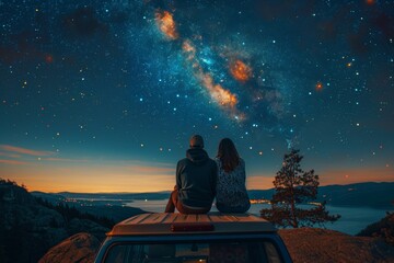 A couple stargazing from the roof of a camper van - Powered by Adobe