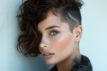 A shot of a young brunette woman with a striking, timeless shaved sidecut hairstyle and unmistakable charisma