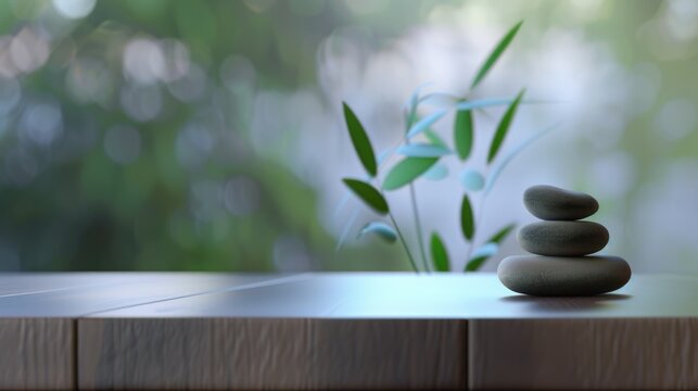 A stack of rocks sitting on top of a wooden table. Tranquil zen background with calm water and stone yramide