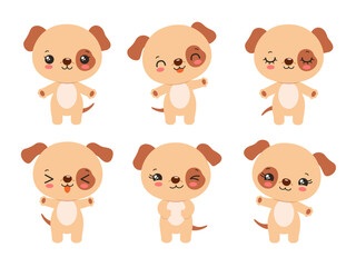 Cartoon cute dog kawaii style emoji icon set. Fun puppy character for kids. Adorable little dog children vector chibi animal. Fun facial expressions - calm, happy, laughing, smiling, waving, winking.