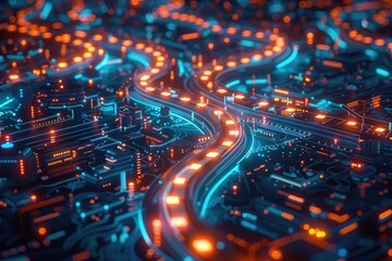 Electronic circuit board imitating highway and city lights from above, blue and red technological background.