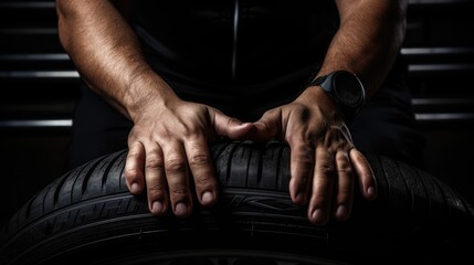 Mechanic Holding New Tire for Car Service on Dark Background with Copy Space