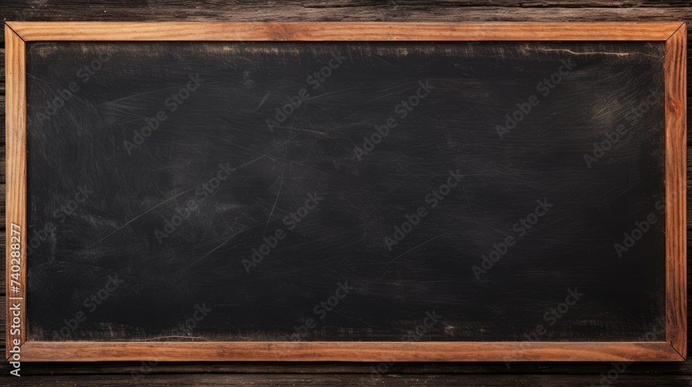 Poster rustic chalkboard with wooden frame resting on table, perfect copy space for messages
