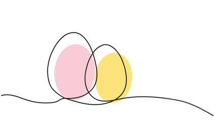 Two colorful eggs one line art on white background. Easter Eggs. Continuous one line drawing. Hand drawn black and white illustration. Minimalistic style. Design elements for print, greeting, postcard