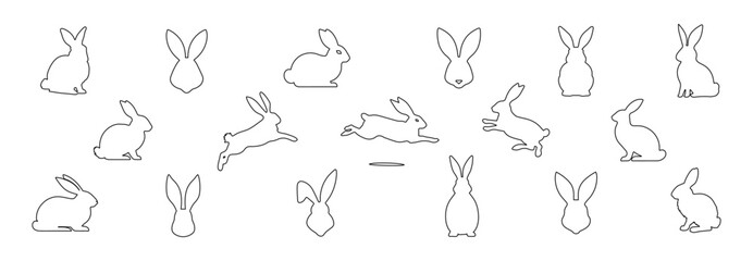 Set of rabbits in outline. Easter bunnies. Isolated on a white backdrop. Simple black icons of hares. Cute animals. Suitable for logo, emblem, pictogram, print, greeting card. Design elements