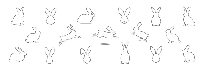 Foto op Aluminium Set of rabbits in outline. Easter bunnies. Isolated on a white backdrop. Simple black icons of hares. Cute animals. Suitable for logo, emblem, pictogram, print, greeting card. Design elements © Jafree