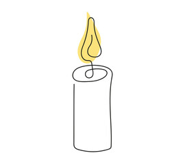 Wax candle with yellow flame. Burning decorative aroma candle. Continuous one line drawing. Line art. Isolated on white backdrop. Design element for print, greeting, postcard, scrapbooking.