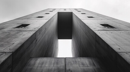 Arquitectura brutalista, minimalista, de hormigón visto con formas geométricas monocromáticas - obrazy, fototapety, plakaty