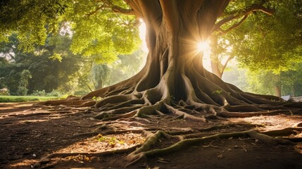 Majestic Centenarian Tree with Exposed Roots in a Serene Natural Setting