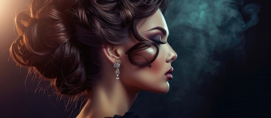 An elegant woman with a beautiful hairstyle and evening makeup, exuding sensuality, mesmerizes with smoke escaping from her eyes.