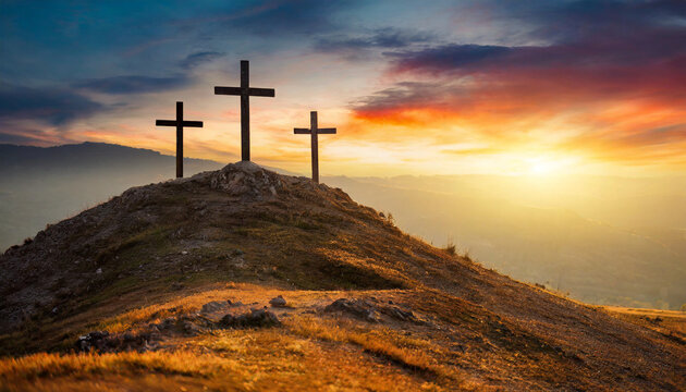 Three crosses on hill at sunset, symbolizing Crucifixion of Jesus Christ. Religious concept with space for caption