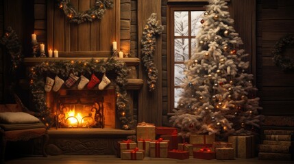 Festive Christmas Tree Illuminated in Cosy Room with Fireplace, Holiday Spirit
