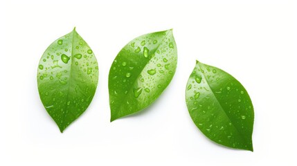 Vibrant Citrus Leaves Glistening with Dew Drops on White Background