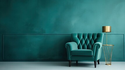 Elegant Vintage Blue Green Chair Against Stylish Emerald Wall in Classic Room Interior Design