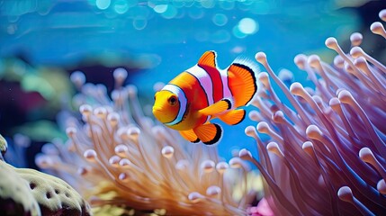 Naklejka na ściany i meble Vibrant Clownfish Gliding Through Lively Marine Aquarium with Swaying Orange Corals