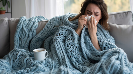 Fototapeta na wymiar young woman wrapped in a blue knitted blanket, blowing her nose with a tissue and holding a white mug, looking unwell as if she has a cold or flu.