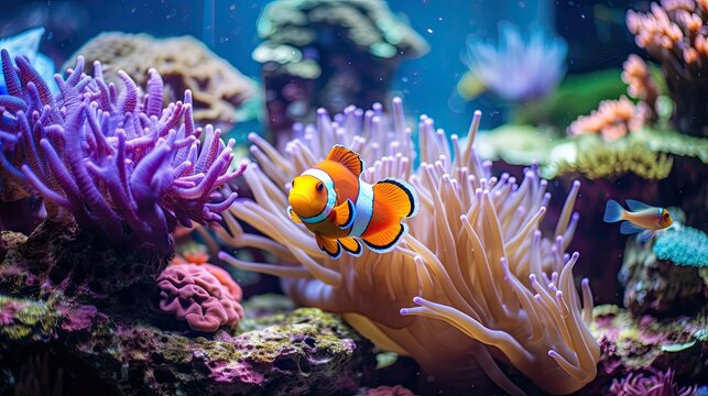 Vibrant Clownfish Swimming Among Orange Corals in a Marine Aquarium