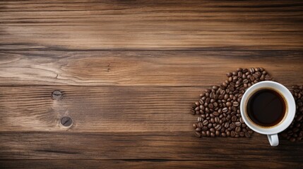 Rich Aroma of Freshly Brewed Coffee with Roasted Beans on Rustic Wooden Surface