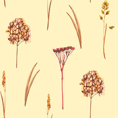 Seamless pattern with dried hydrangea, meadow leaves and wild dry grass. Vintage wallpaper in boho style with herbs and wildflowers. Floral natural elements