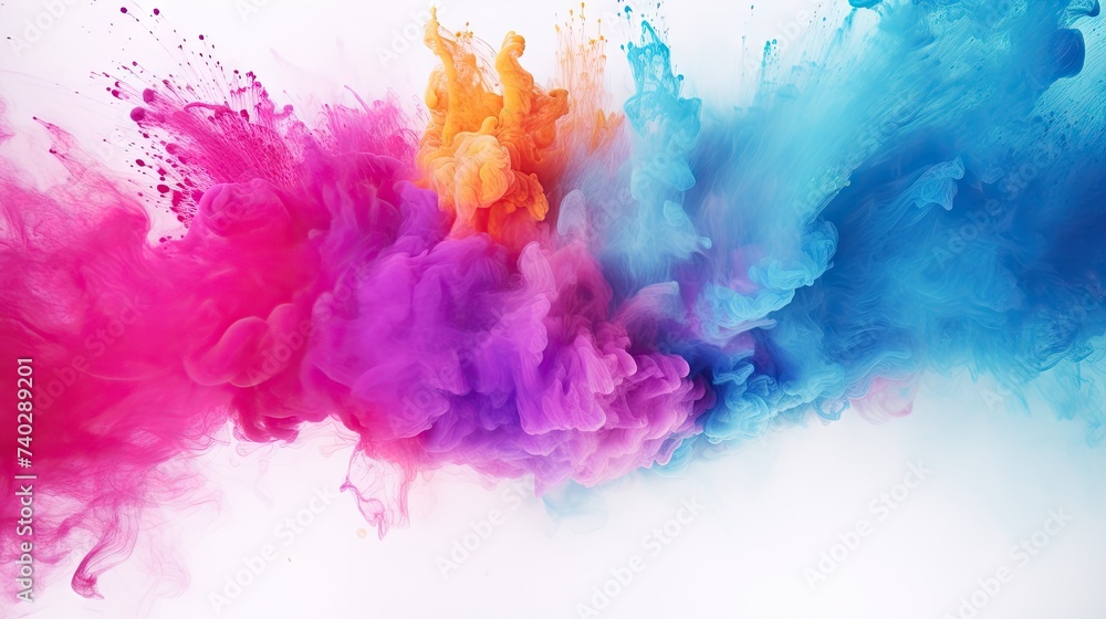 Poster vibrant colorful paint splashes exploding on clean white background