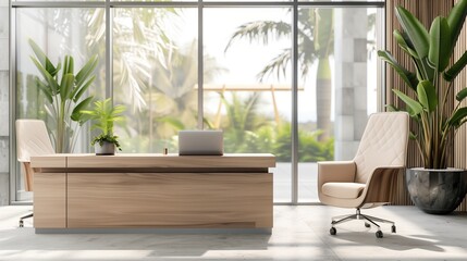 Contemporary CEO Office Interior with Desk, Laptop, and Panoramic View