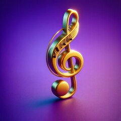 Fototapeta premium Single golden quaver treble clef on vivid purple 3D background.