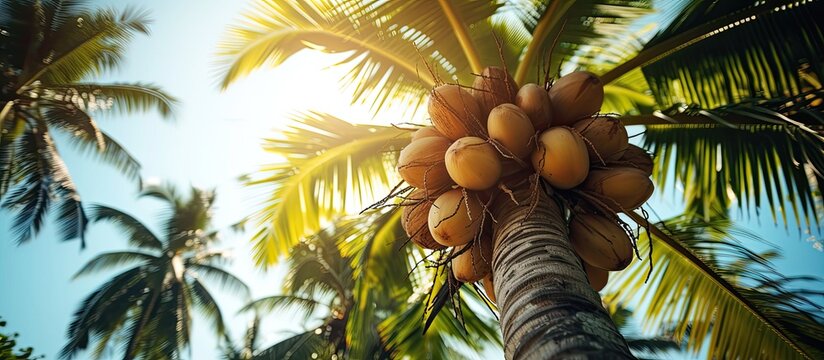 A vibrant image of a palm tree loaded with an impressive number of coconuts, creating a tropical paradise setting.