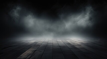 Ethereal Mist Engulfs Wooden Floored Dark Room, Creating a Mysterious Atmosphere