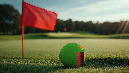 Golf ball with Zambia flag on green lawn or field, most popular sport in the world