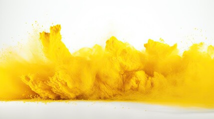 Vibrant Burst of Golden Powder on White Background Capturing Dynamic Movement