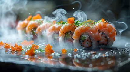 Closeup of a table full of sushi rolls with various seafood ingredients