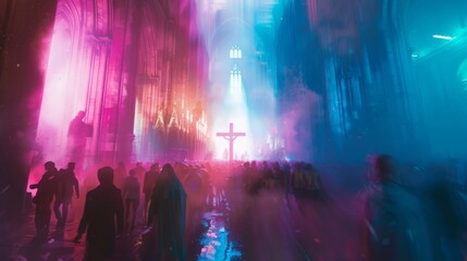 a religious procession,a cross, holy mary, pink and blue colors