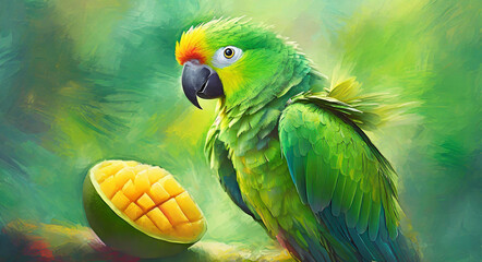 Egzotyczny ptak zielona papuga, abstrakcje - obrazy, fototapety, plakaty