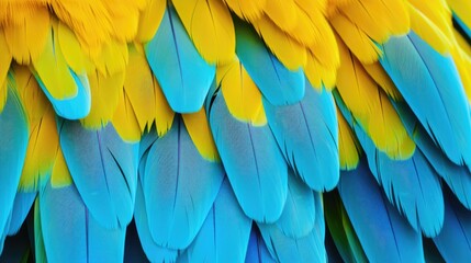 Fototapeta premium Vibrant Blue and Yellow Macaw Feathers Close-Up, Exotic Beauty of Nature