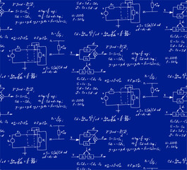 Physics, electronic engineering, mathematics equation, scheme and calculations, endless hand writing. Vector blueprint. Technology seamless pattern.