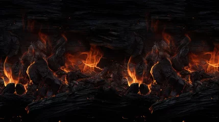 Photo sur Plexiglas Texture du bois de chauffage Intense Fireplace Glow Illuminating Charred Wood Textures and Embers