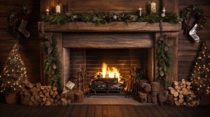 Warm and Cozy Fireplace Illuminating the Room with Christmas Cheer and Comforting Glow