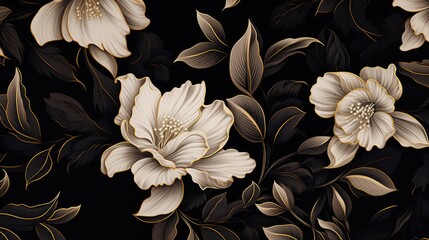 Elegant Monochrome Floral Design with Luxurious Gold Details and Intricate Petal Patterns