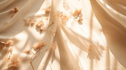 Elegant Floral White Curtain with Shadows from Sunlight - Aesthetic Interior Design Concept