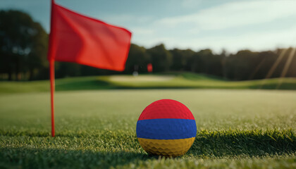 Golf ball with Armenia flag on green lawn or field, most popular sport in the world