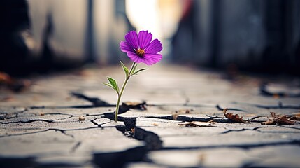 Resilient Purple Flower Blossoming Amidst the Cracked Concrete Jungle - obrazy, fototapety, plakaty