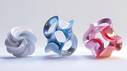 three different colored sculptures are sitting on a white surface