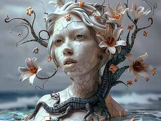 Rzeźba głowy kobiety z porcelany i mozaiki, dekoracje z kwiatów i gałęzi