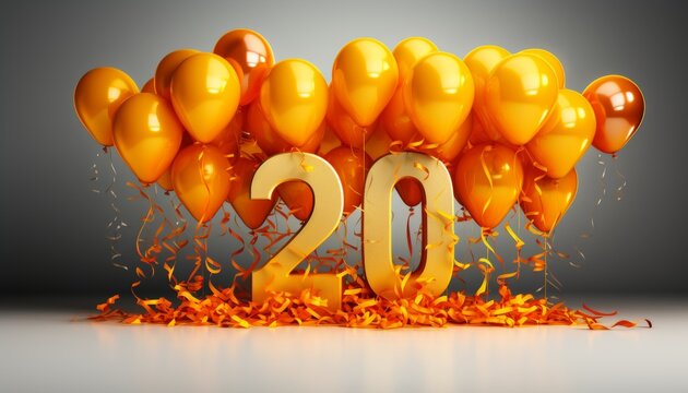 Vibrant balloons, ribbons, and confetti for 20th birthday celebration party on solid background
