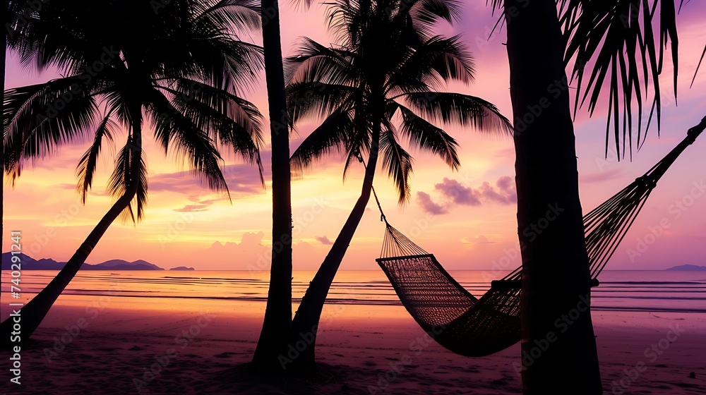 Poster hammock suspended between palm trees on beach. generative ai.