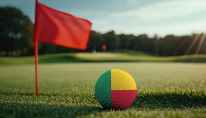 Golf ball with Benin flag on green lawn or field, most popular sport in the world