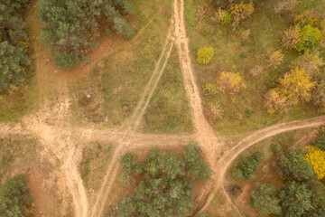 Drone photography of a dirt footpath in a a forest during autumn day