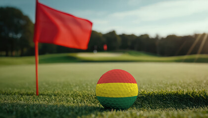 Golf ball with Bolivia flag on green lawn or field, most popular sport in the world