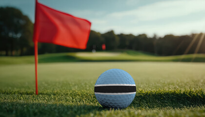 Golf ball with Botswana flag on green lawn or field, most popular sport in the world