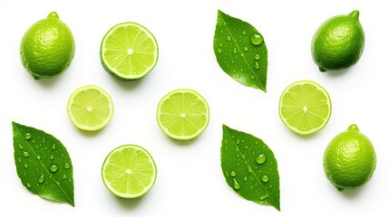 Vibrant Fresh Limes and Lime Slices with Glistening Water Drops on Citrus Leaves - obrazy, fototapety, plakaty